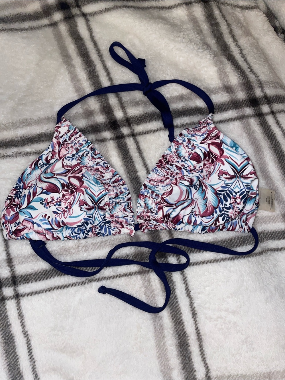 Floral Triangle Bikini Top with Navy Ties